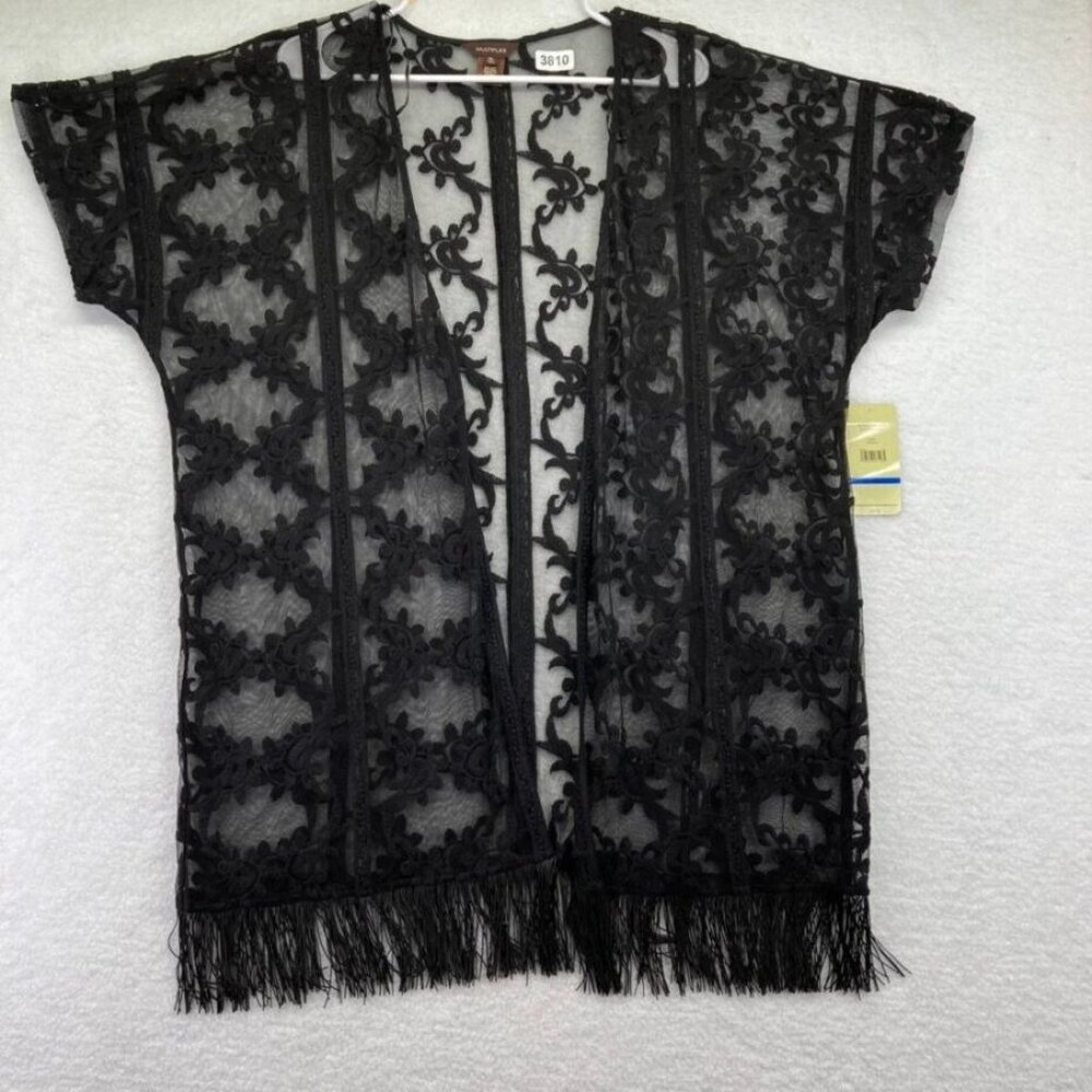 New Multiples Womens Kimono Cover Up‎ Size XL Open Front Swim Black Lace Fringe